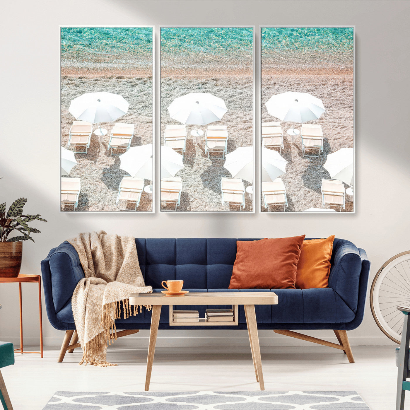 83736167-MGV-FC-48X32-3P_White-Calm Beach Wall Art Canvas Print, Framed Turquoise Water Art Picture Print, Umbrella Shoreline Perfect Coastal Minimalist Decor