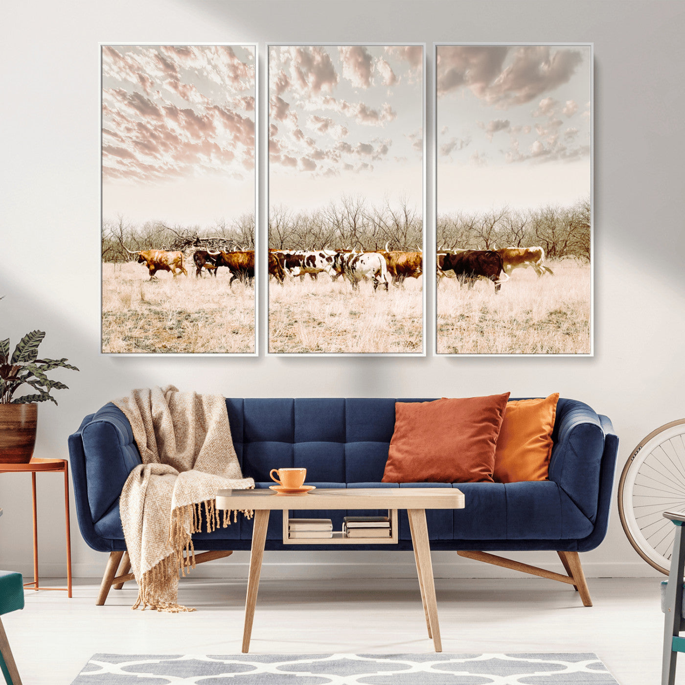 64892775-MGV-CV-36X24-Longhorn Cattle Wall Art Canvas Print, Framed Texas Ranch Art Picture Print, Western Cow Perfect Western Decor Artwork
