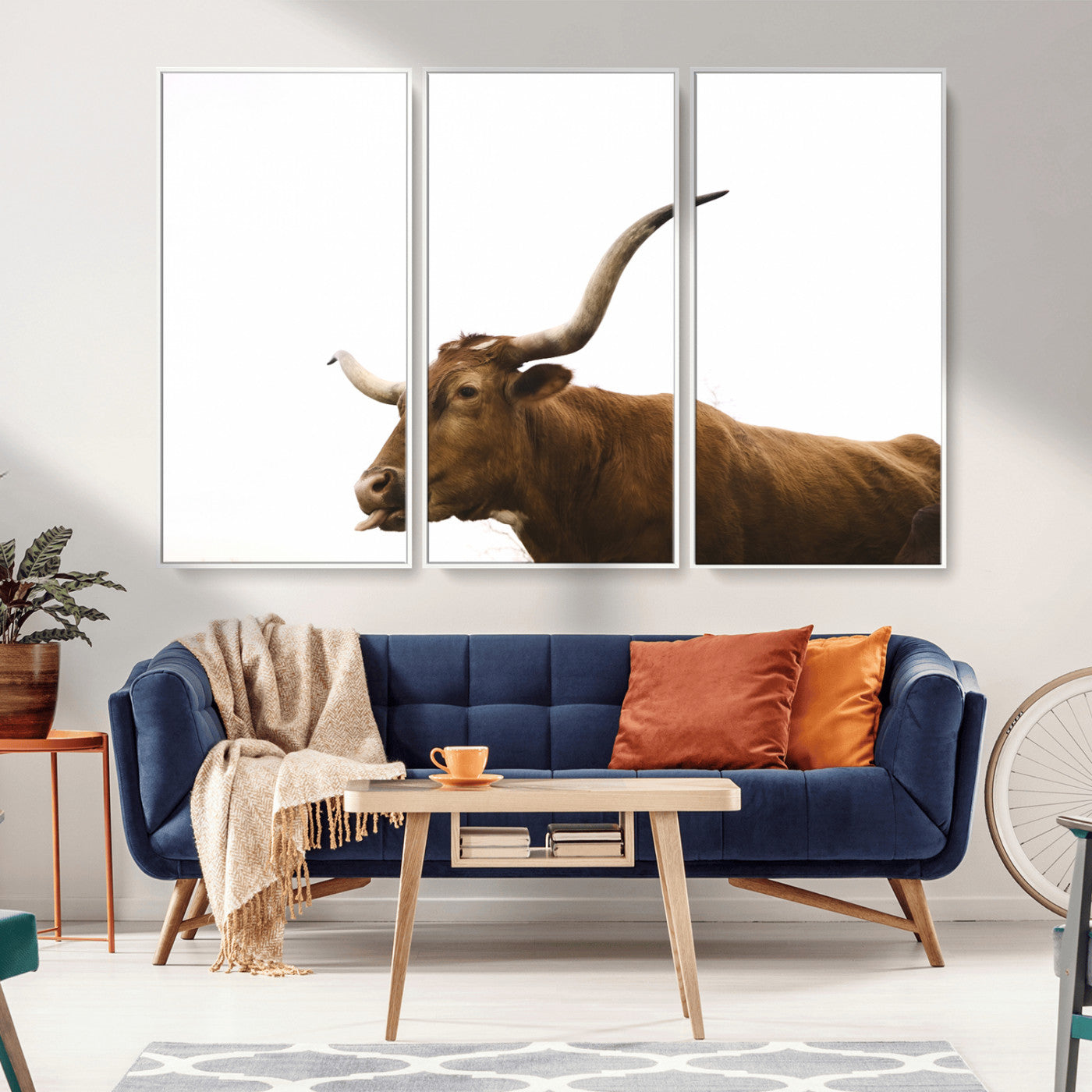 62566114-MGV-FC-48X32-3P_White-Longhorn Cow Art Wall Art Canvas Print, Framed Rustic Animal Decor Art Picture Print, Texas Bull Photo Perfect Rustic Farmhouse