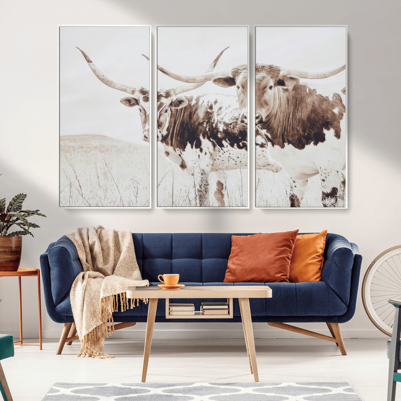 48161868-MGV-FC-48X32-3P_White-Longhorn Cow Decor Wall Art Canvas Print, Framed Rustic Cattle Art Picture Print, Sepia Western Vibe Perfect Neutral Rustic