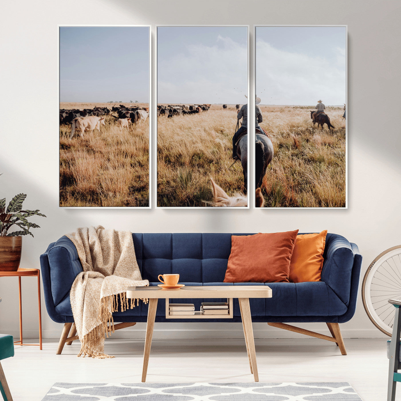 22431577-MGV-CV-36X24-Western Wall Art Wall Art Canvas Print, Framed Cowboy Canvas Art Picture Print, Cattle Drive Scene Perfect Rustic Western Decor