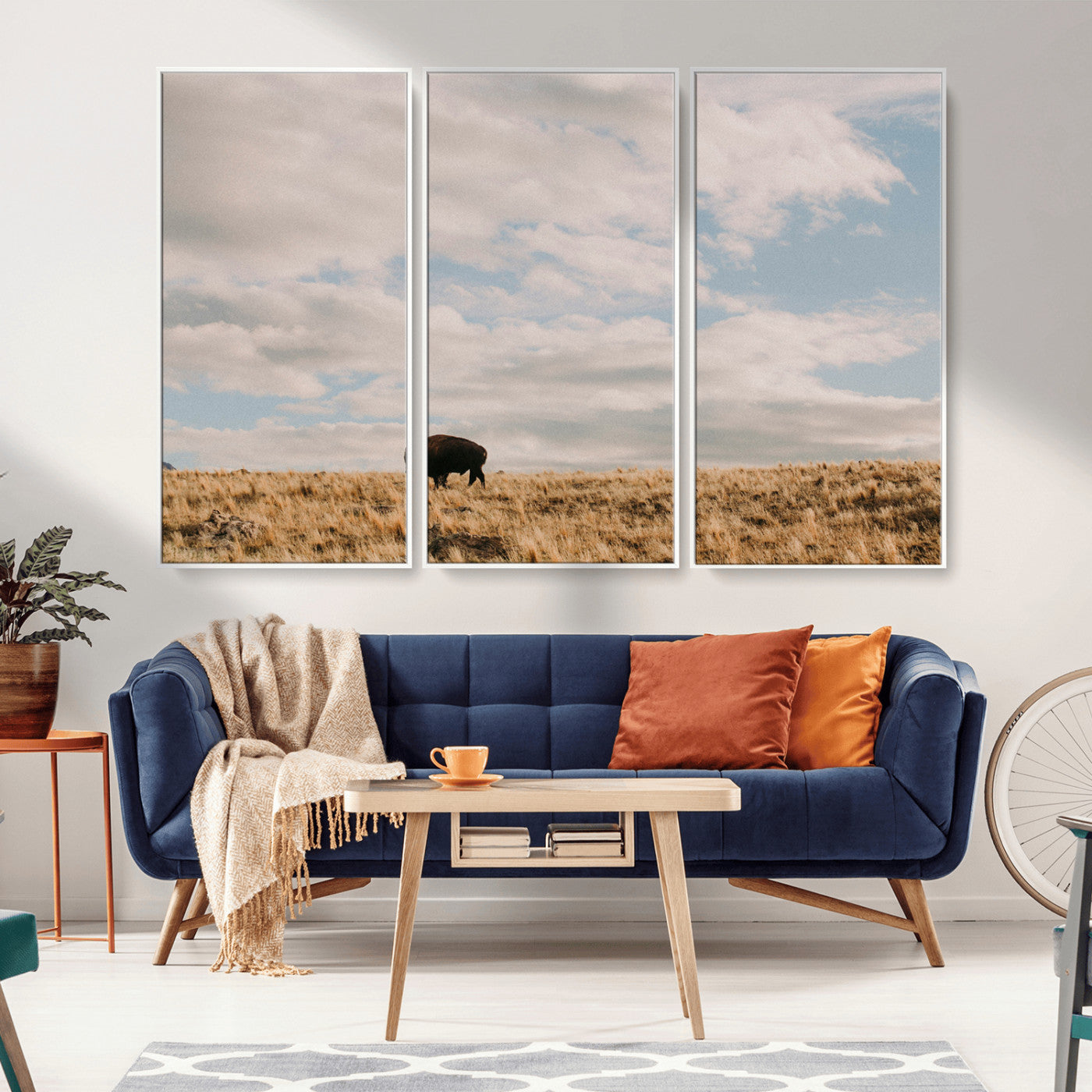 22754563-MGV-CV-36X24-Earthy Tones Wall Art Canvas Print, Framed Rustic Nature Art Picture Print, Solitary Buffalo Perfect Western Minimalist Decor