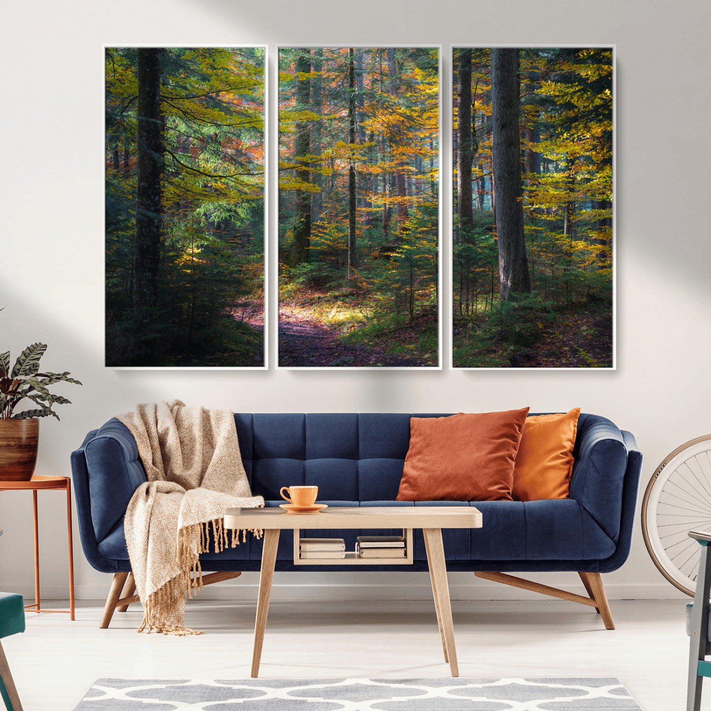 65810864-MGV-CV-36X24-Autumn Forest Wall Art Canvas Print, Framed Fall Woodland Art Picture Print, Golden Leaves Perfect Rustic Farmhouse Decor Artwork