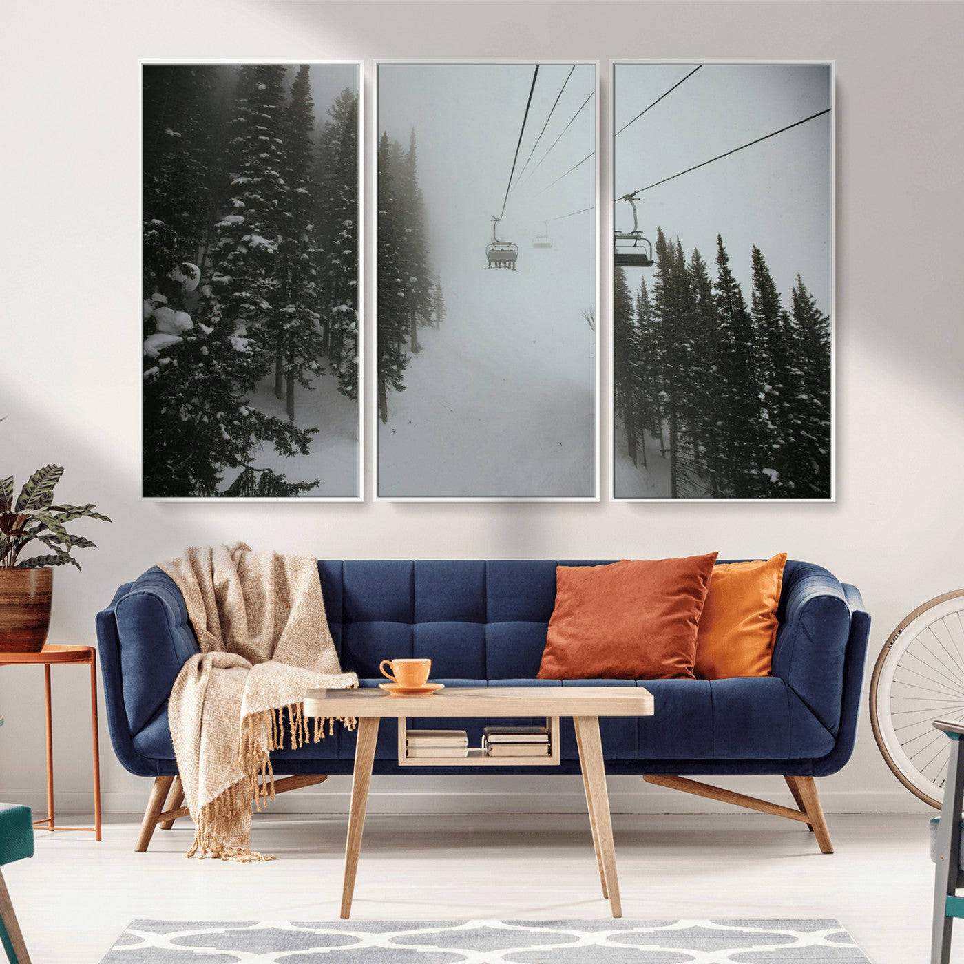 87018452-MGV-CV-36X24-Ski Lift Wall Art Canvas Print, Framed Snowy Pines Art Picture Print, Misty Landscape Perfect Winter Serenity Decor Artwork