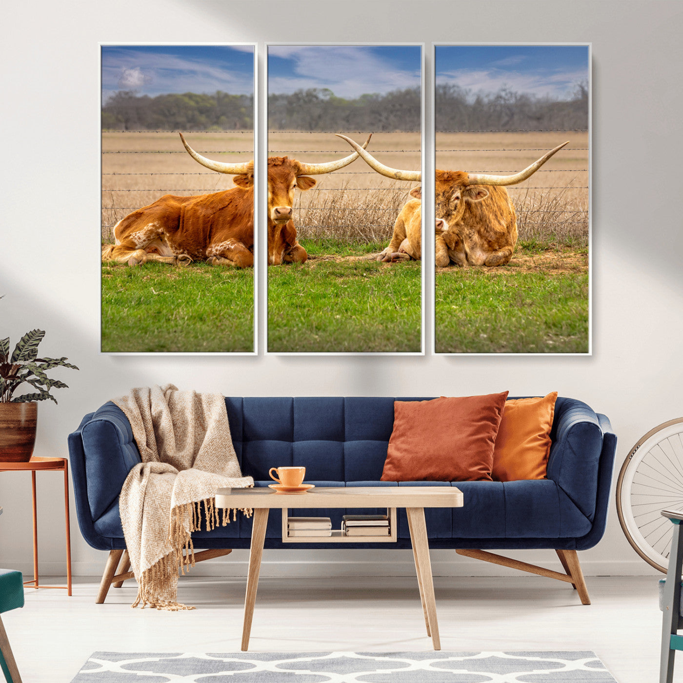 54598515-MGV-CV-36X24-Texas Longhorns Wall Art – Rustic Cattle Ranch Canvas Print, Western Farmhouse Animal Photography Decor for Living Room, Office,