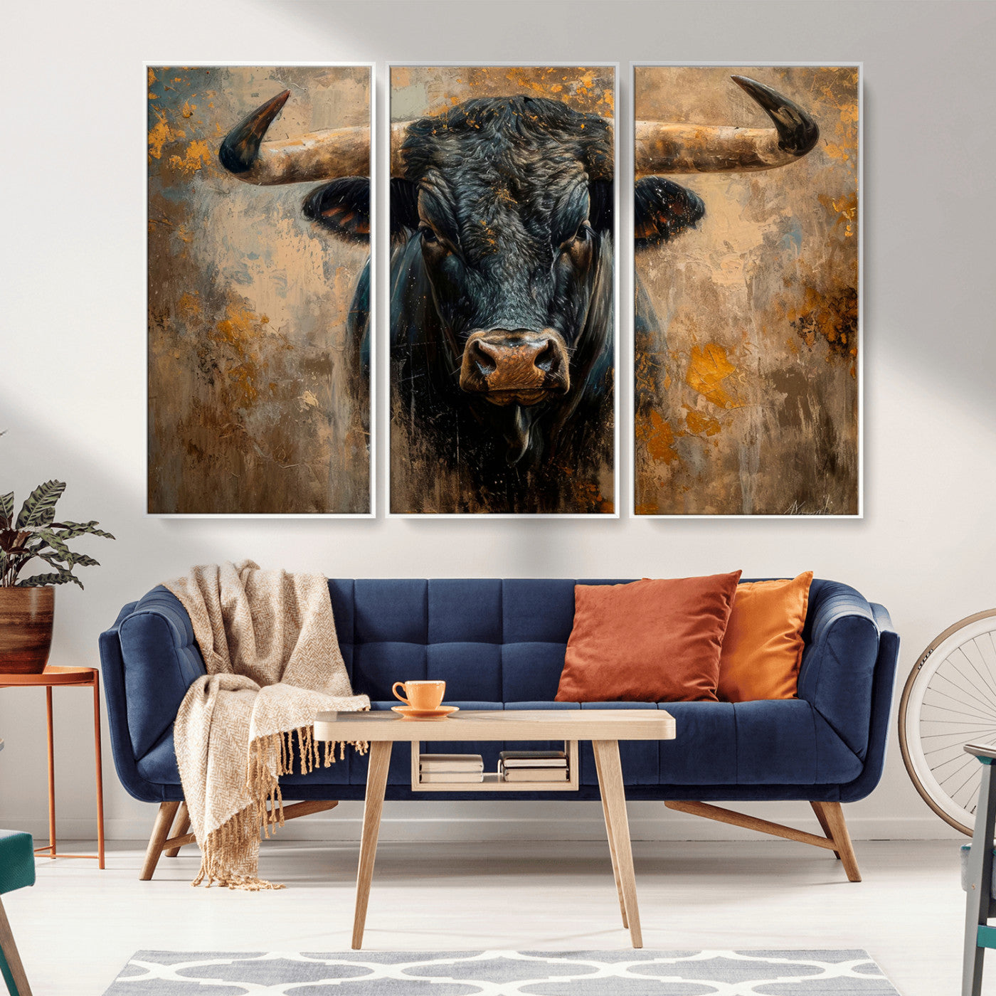 91615410-MGV-CV-36X24-Bull Wall Art – Rustic Western Longhorn Canvas Print, Powerful Abstract Animal Painting, Farmhouse Ranch Decor for Living Room,