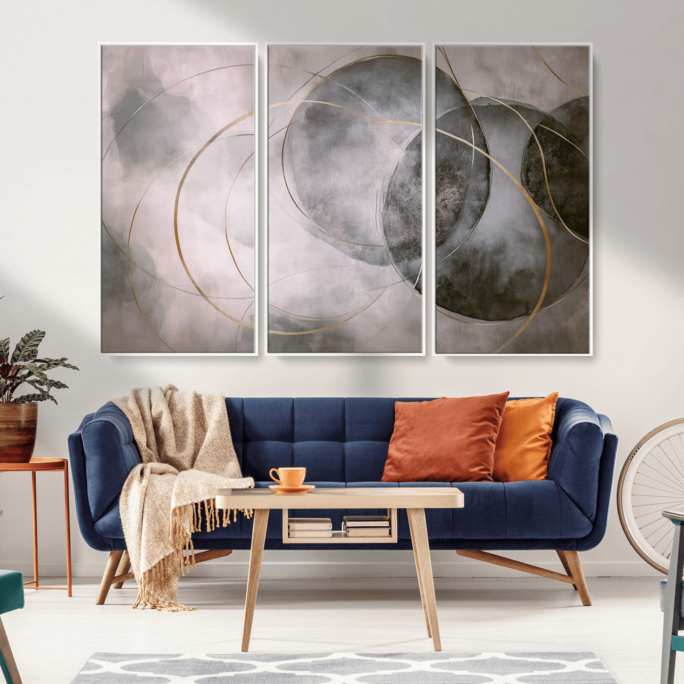 20066876-MGV-CV-36X24-Neutral Abstract Circle Wall Art – Modern Gray Beige Gold Canvas Print, Minimalist Geometric Painting for Bedroom, Living Room,