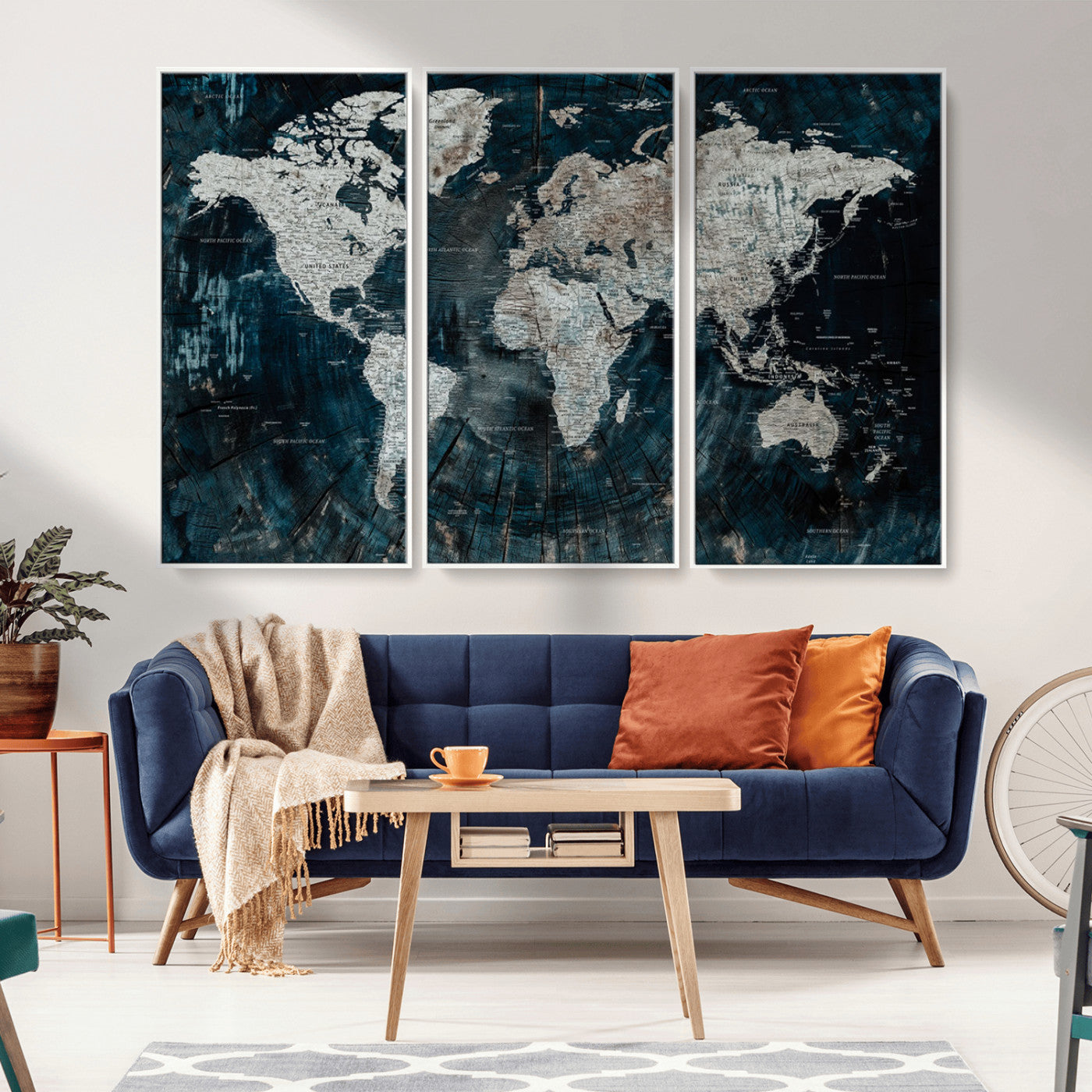 34425609-MGV-CV-36X24-World Map Wall Art – Rustic Navy and Grey Atlas Canvas Print, Distressed Explorer Map Artwork, Industrial Style Decor for Office,