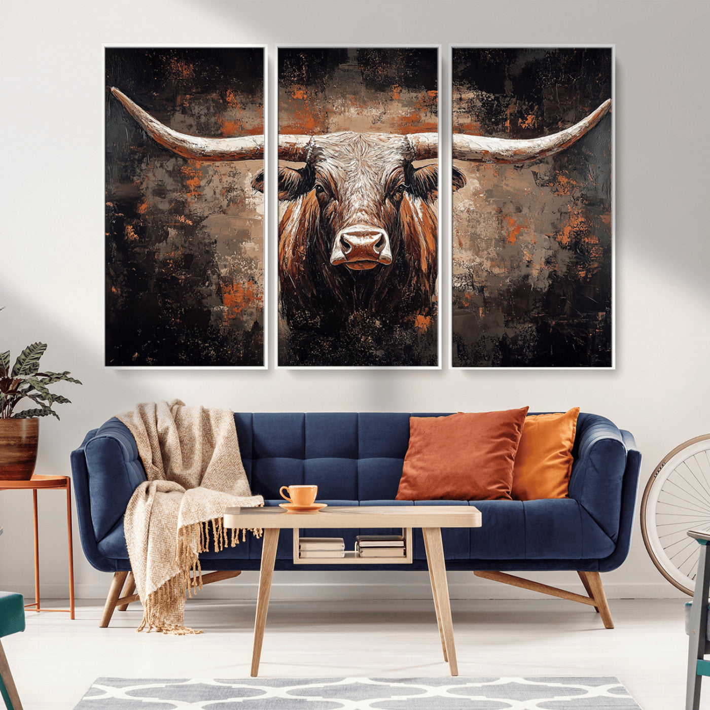24779067-MGV-CV-36X24-Longhorn Bull Wall Art – Western Rustic Canvas Print, Bold Cowboy Cattle Painting for Ranch House, Farmhouse, Office, or Living