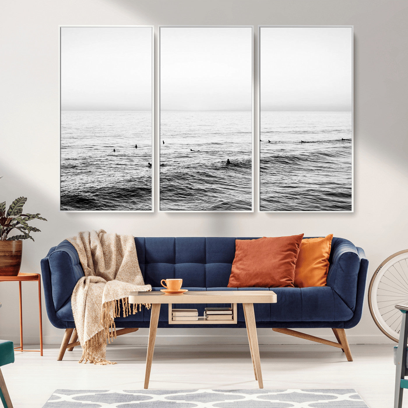 47208268-MGV-CV-36X24-Surfer Ocean Wall Art – Black and White Coastal Canvas Print, Minimalist Surfing Seascape Decor for Living Room, Bedroom, or Beach