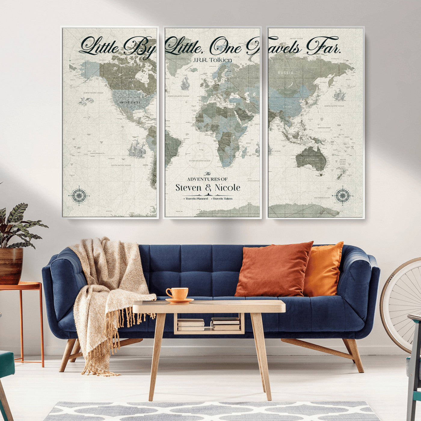 10693204-MGV-CV-36X24-Little By Little One Travels Far Tolkien Quote Blue Green World Map Adventure Wall Art Canvas Print Rustic Wanderlust Travel Decor
