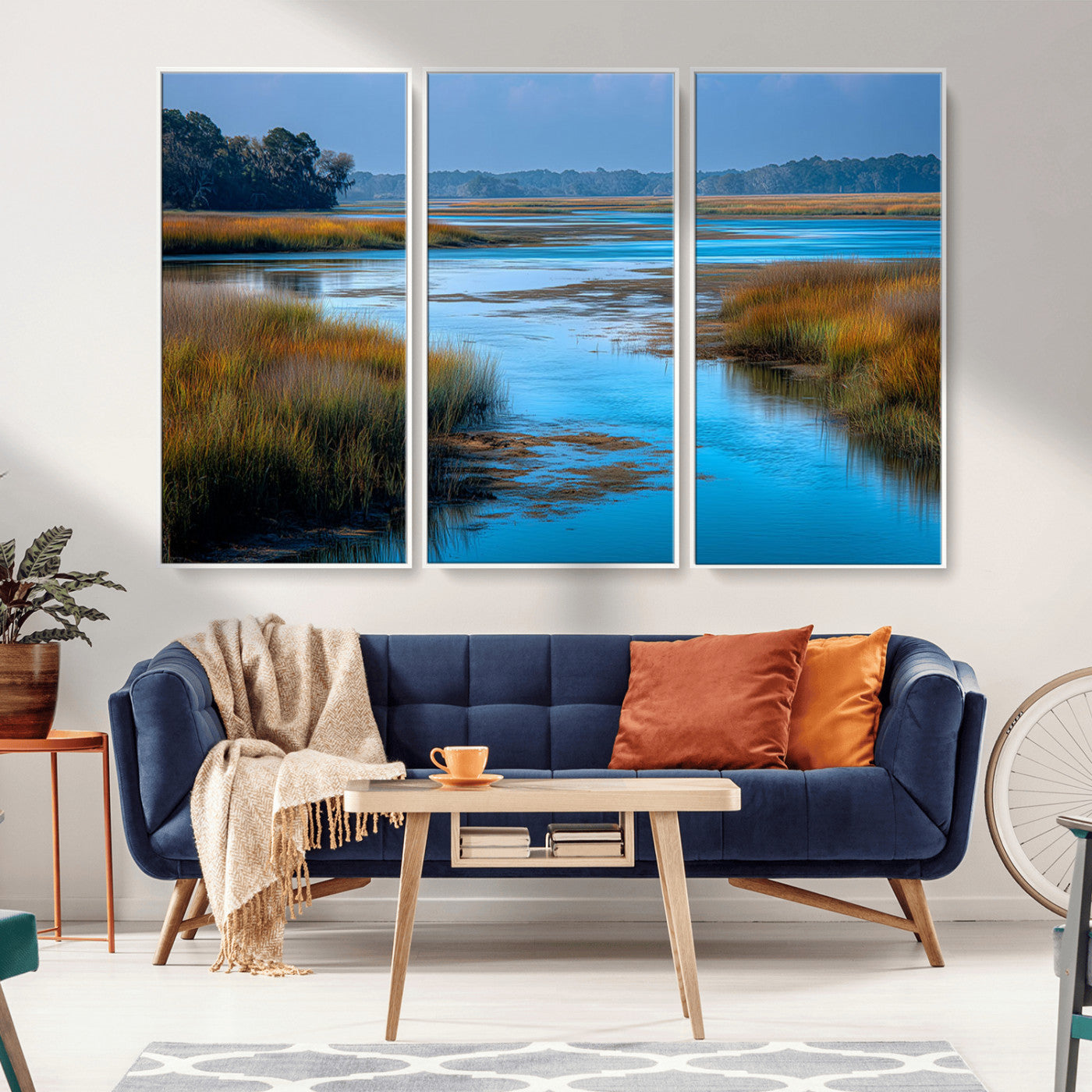 26300004-MGV-FC-48X32-3P_White-Tranquil Marshland Canvas Wall Art – Blue Water, Reflective Sky, Golden Grasses, Calm Nature Landscape, Scenic Outdoor Beauty for
