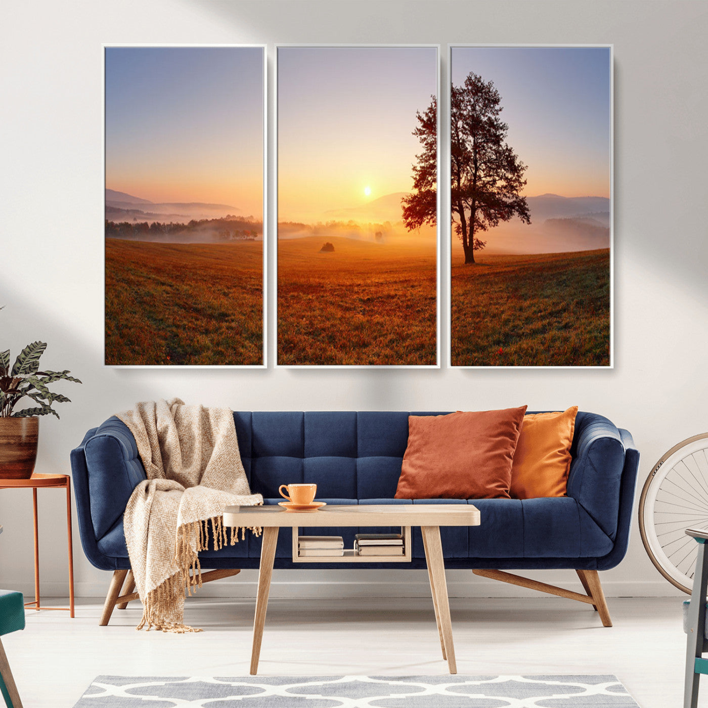 57919623-MGV-CV-36X24-Sunrise Landscape Wall Art – Golden Morning Canvas Print with Tree, Misty Hills and Open Field, Peaceful Nature Photography for