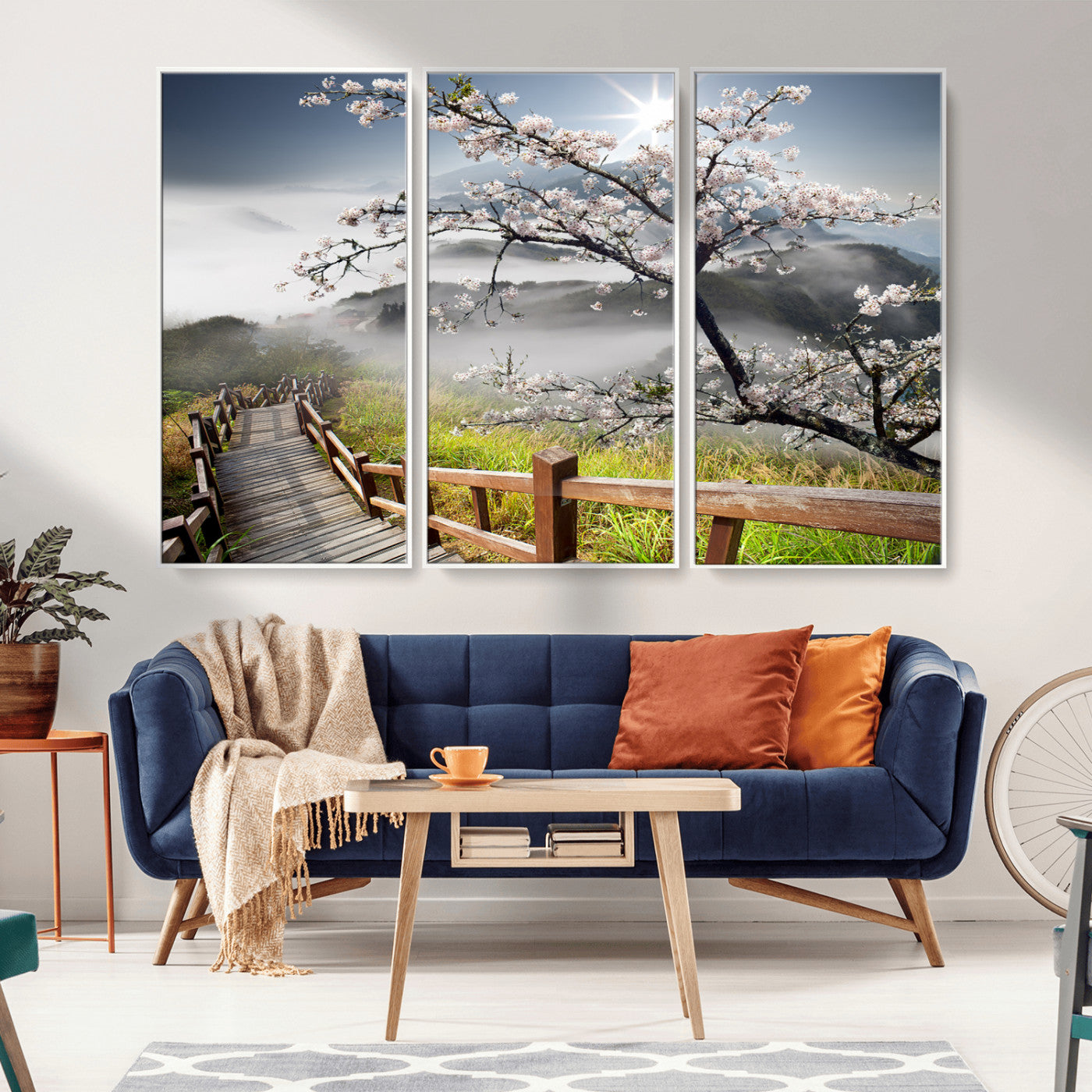 34632598CRY-MGV-CV-36X24-Cherry Blossom Wall Art – Scenic Asian Landscape Canvas Print with Wooden Walkway, Misty Mountains and Sunrise, Serene Nature