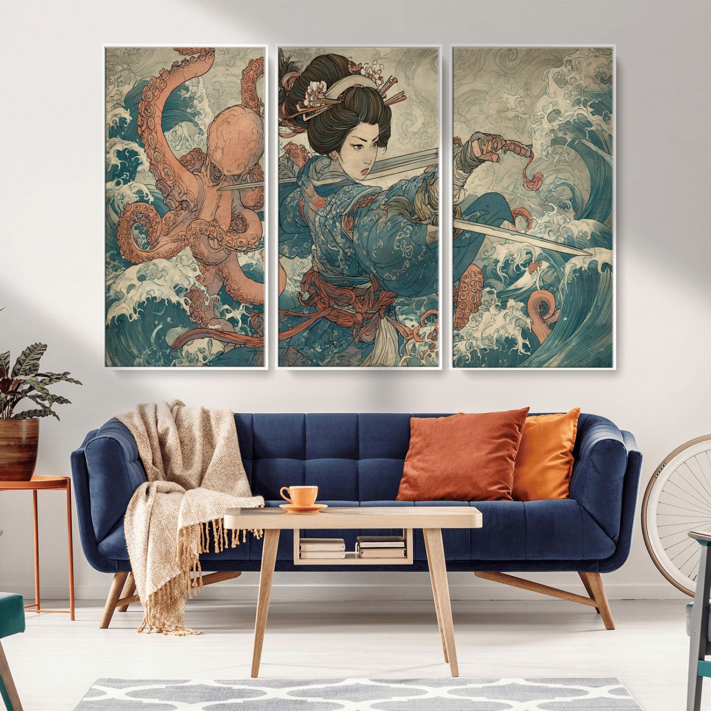 52037775-MGV-CV-36X24-Samurai Woman Wall Art – Japanese Ukiyo e Style Canvas Print with Katana, Ocean Waves and Octopus, Traditional Asian Inspired