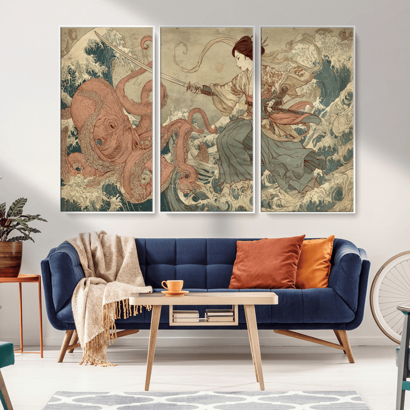 54879547-MGV-FC-48X32-3P_White-Tsukioka Yoshitoshi Samurai Wall Art Print, Japanese Katana Warrior Canvas Wall Art, Octopus Sea Monster Canvas Print,