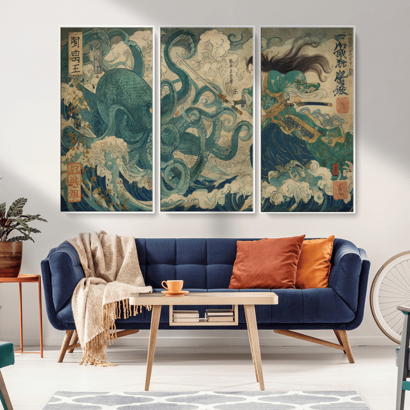 60346622-MGV-FC-48X32-3P_White-Tsukioka Yoshitoshi Samurai Wall Art Print, Japanese Katana Warrior Canvas Wall Art, Octopus Sea Monster Canvas Print,