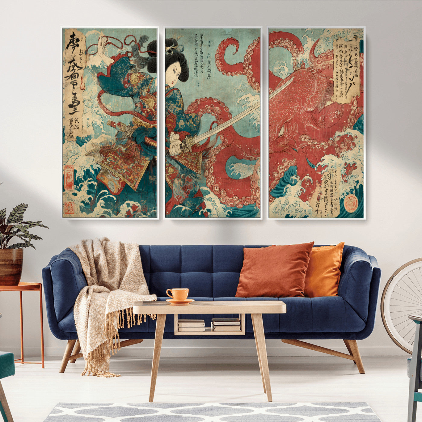68844327-MGV-FC-48X32-3P_White-Tsukioka Yoshitoshi Samurai Wall Art Print, Japanese Katana Warrior Canvas Wall Art, Octopus Sea Monster Canvas Print,
