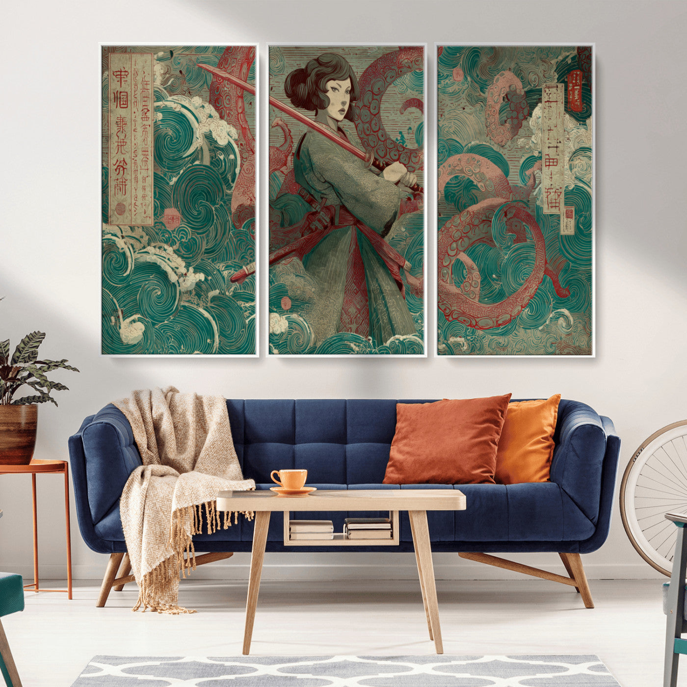 91666601-MGV-CV-36X24-Samurai Woman vs Octopus Wall Art – Japanese Ukiyo-e Green Robe Canvas Print, Ocean Battle Artwork for Living Room, Office, Man