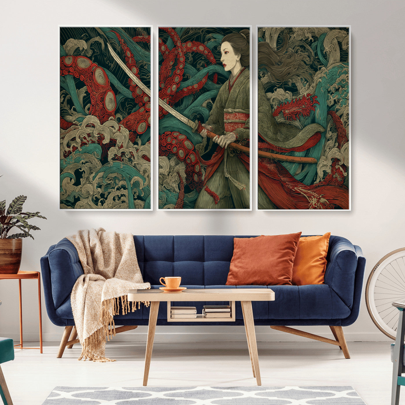 18902796-MGV-CV-36X24-Samurai Woman vs Octopus Wall Art – Japanese Ukiyo-e Green Kimono Canvas Print, Ocean Battle Scene Artwork for Living Room,