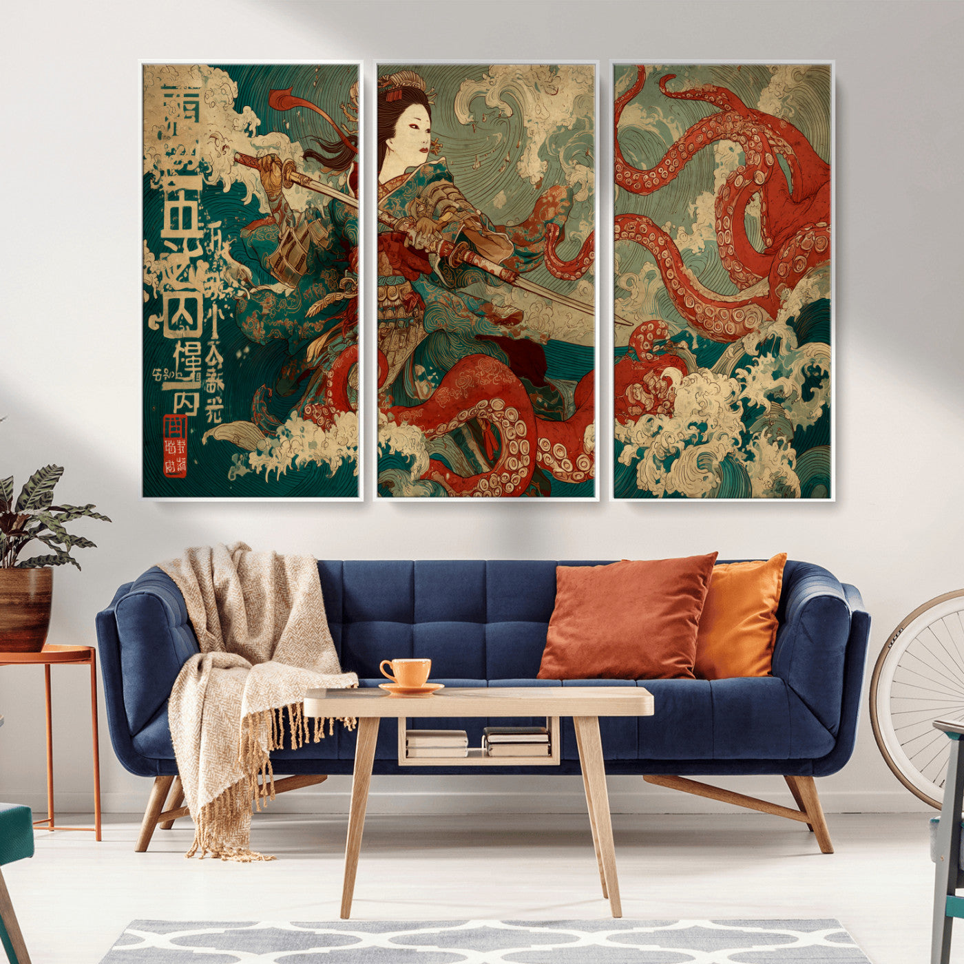 60201267-MGV-CV-36X24-Samurai Woman vs Octopus Wall Art – Japanese Ukiyo-e Armor Canvas Print, Red Tentacle Ocean Battle Artwork for Living Room,
