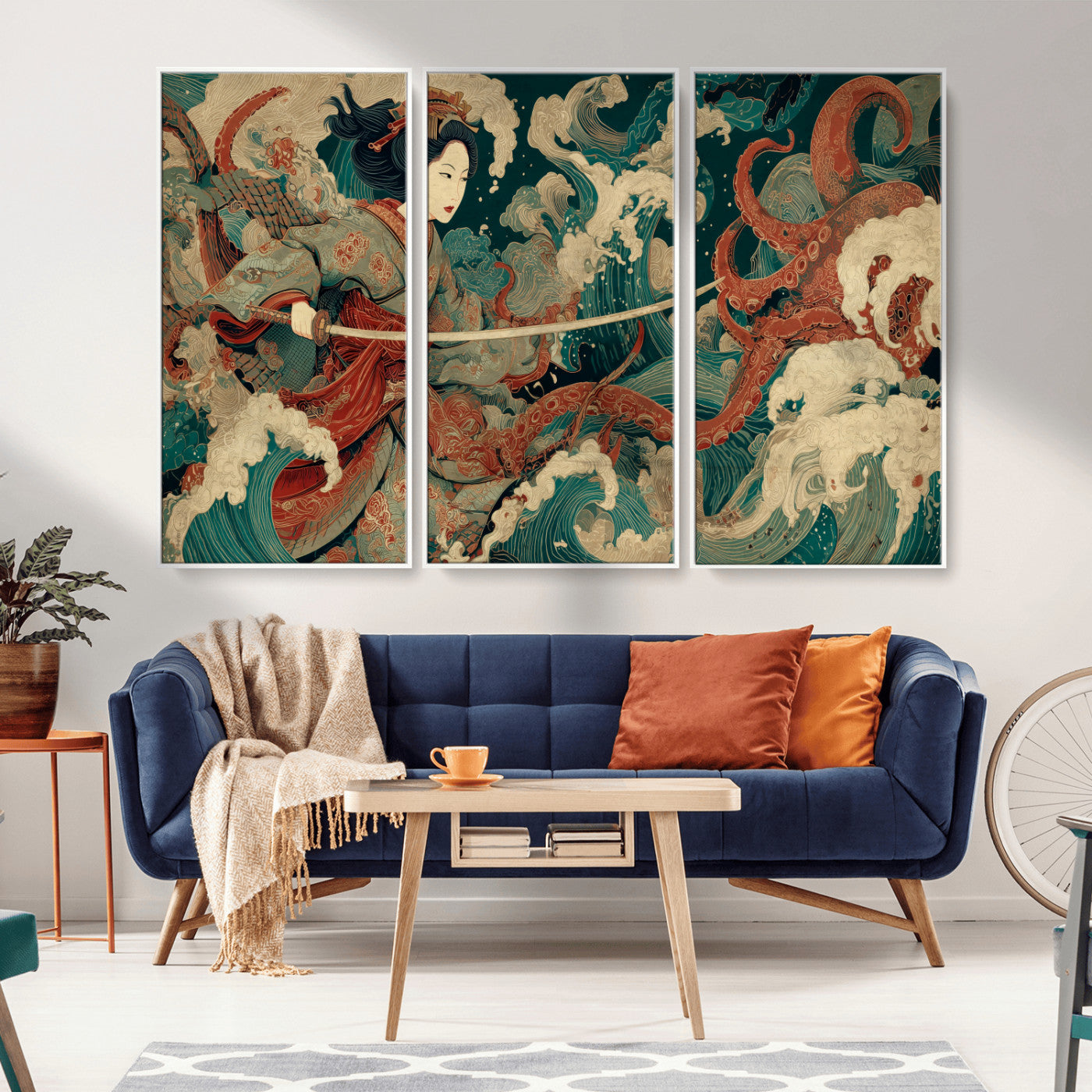 30212982-MGV-CV-36X24-Samurai Woman vs Octopus Wall Art – Japanese Ukiyo-e Style Warrior and Sea Monster Canvas Print, Mythology Inspired Artwork for