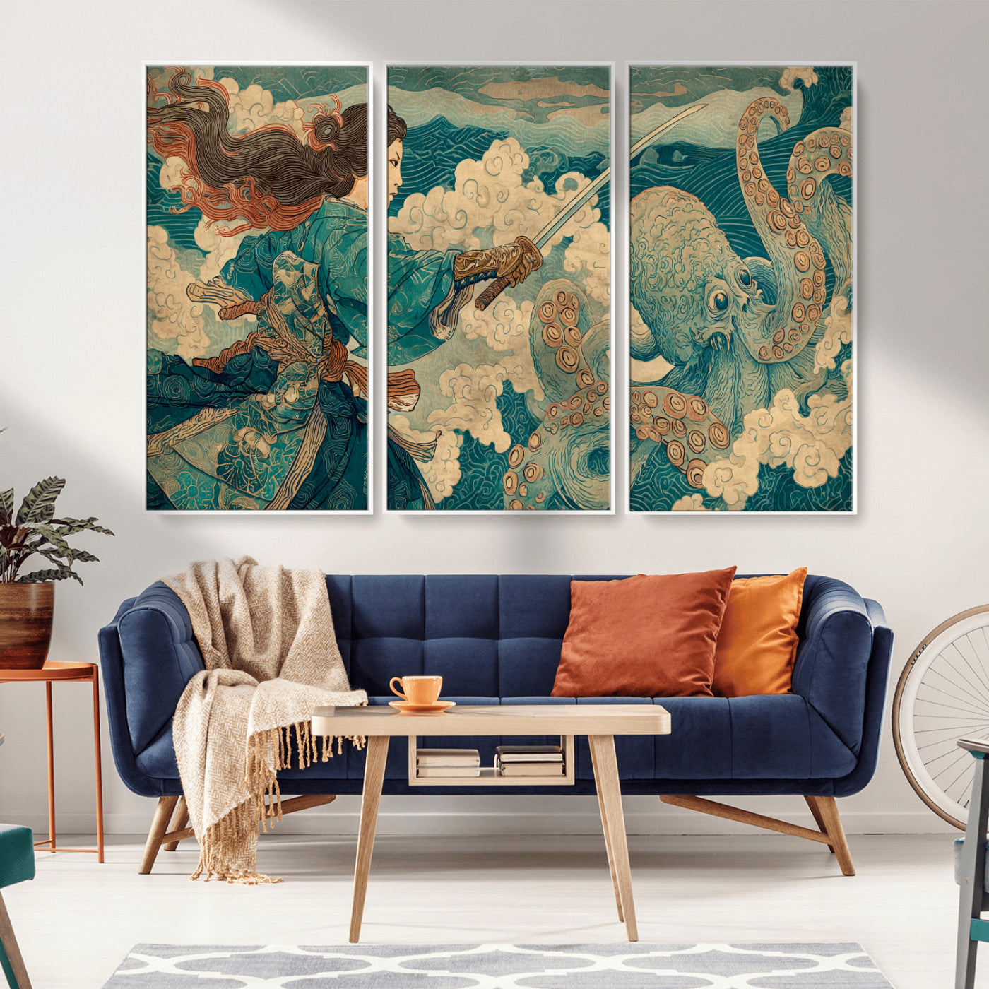 99764195-MGV-CV-36X24-Samurai vs Octopus Wall Art – Japanese Ukiyo-e Style Warrior and Sea Monster Canvas Print, Mythology Inspired Artwork for Living