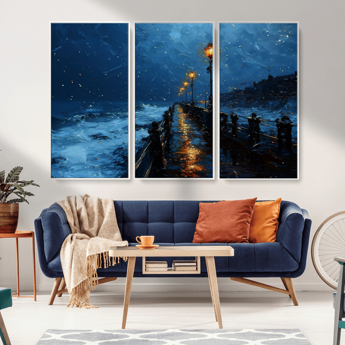 48300530-MGV-FC-48X32-3P_White-Dark Stormy Pier Canvas Wall Art – Moody Ocean Night Scene with Street Lamps, Blue Coastal Seascape Print for Bedroom, Office, or