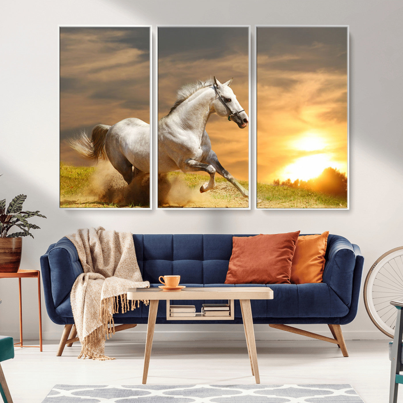 67478480-MGV-FC-48X32-3P_White-White Horse Running at Sunset Wall Art – Majestic Equestrian Photography Print, Rustic Farmhouse Decor, Golden Sky Horse Lover