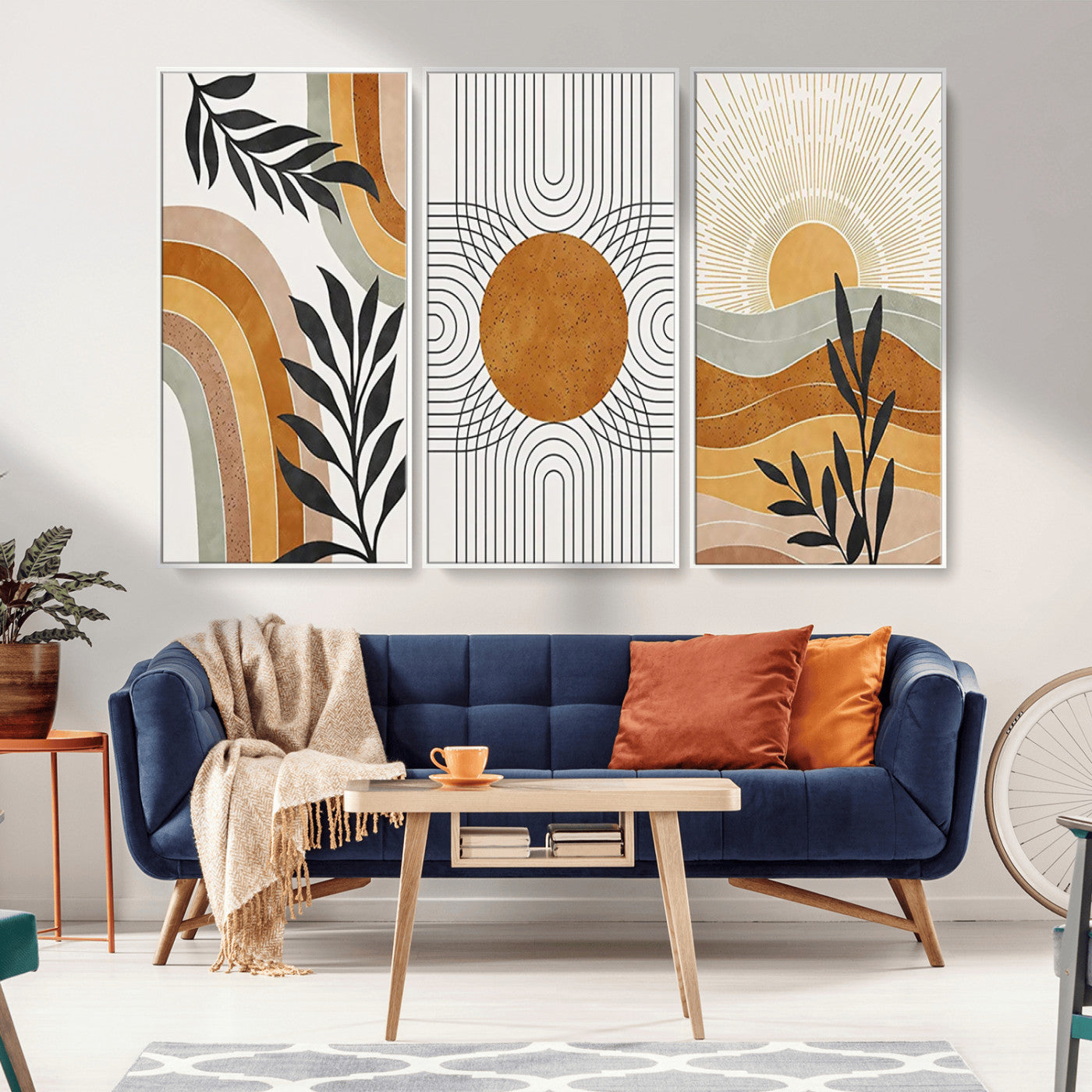 32359-MGV-CV-36X24-Modern Sun Wall Art Canvas Print, Framed Retro Horizon Art Picture Print, Sunburst Design Perfect Mid Century Boho Decor Artwork