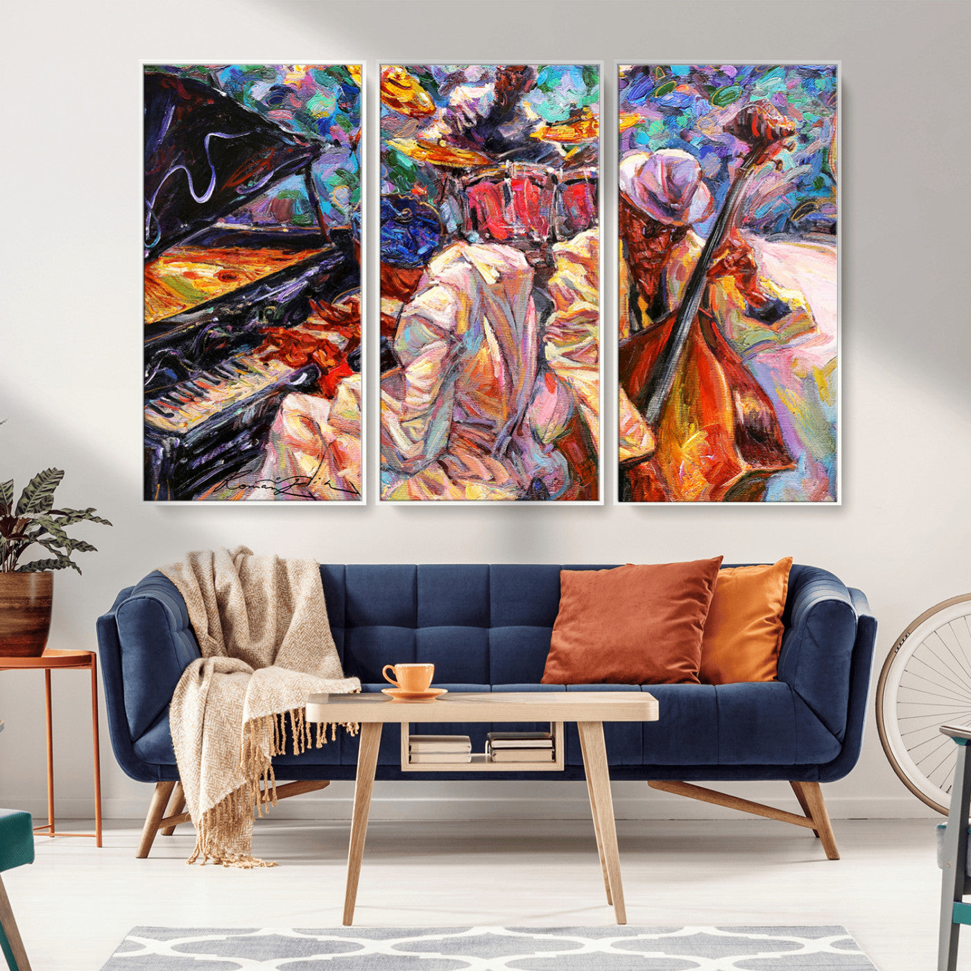 13675-MGV-CV-36X24-Jazz Band Wall Art Canvas Print, Framed Jazz Oil Painting Art Picture Print, Vibrant Music Perfect Abstract Musical Decor Artwork
