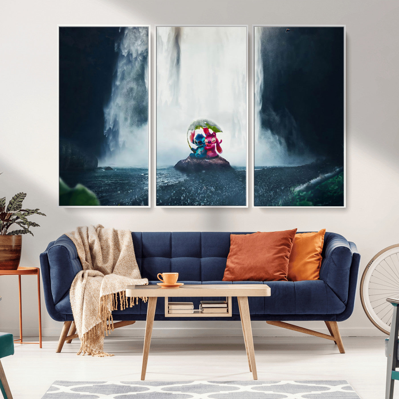 32259-MGV-FC-48X32-3P_White-Stitch Angel Wall Art Canvas Print, Framed Stitch Waterfall Art Picture Print, Cartoon Couple Perfect Moody Fantasy Decor Artwork