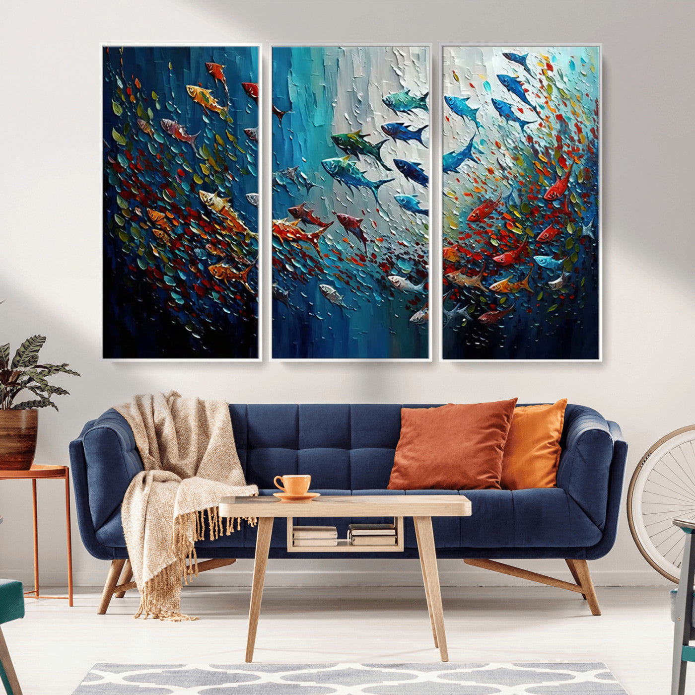 89626-MGV-CV-36X24-Fish Swarm Wall Art Canvas Print, Framed Abstract Ocean Art Picture Print, Underwater Life Perfect Vibrant Coastal Decor Artwork