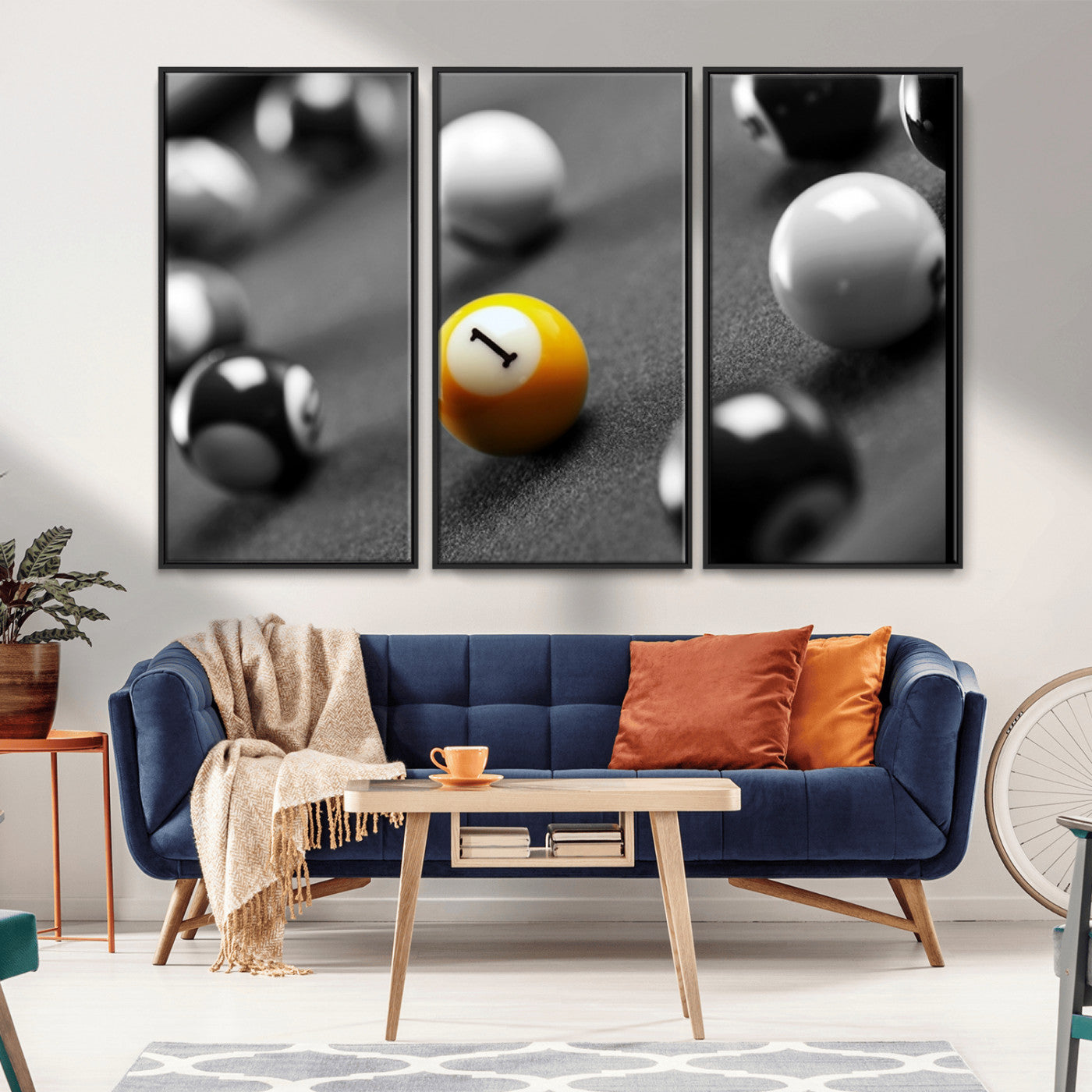52108-MGV-FC-48X32-3P_Black-Precision Pool Table Wall Art – Close Up Yellow 1 Ball Canvas Print, Hand-Played Billiards Game Decor for Office, Game Room, or