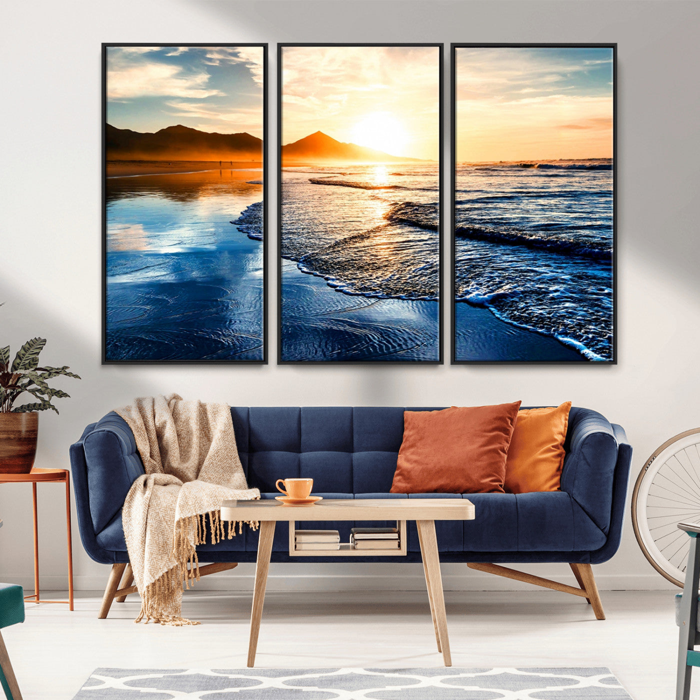 86173-MGV-CV-36X24-Golden Sunset Beach Wall Art – Reflective Ocean Canvas Print with Mountains and Waves, Coastal Nature Decor for Living Room,