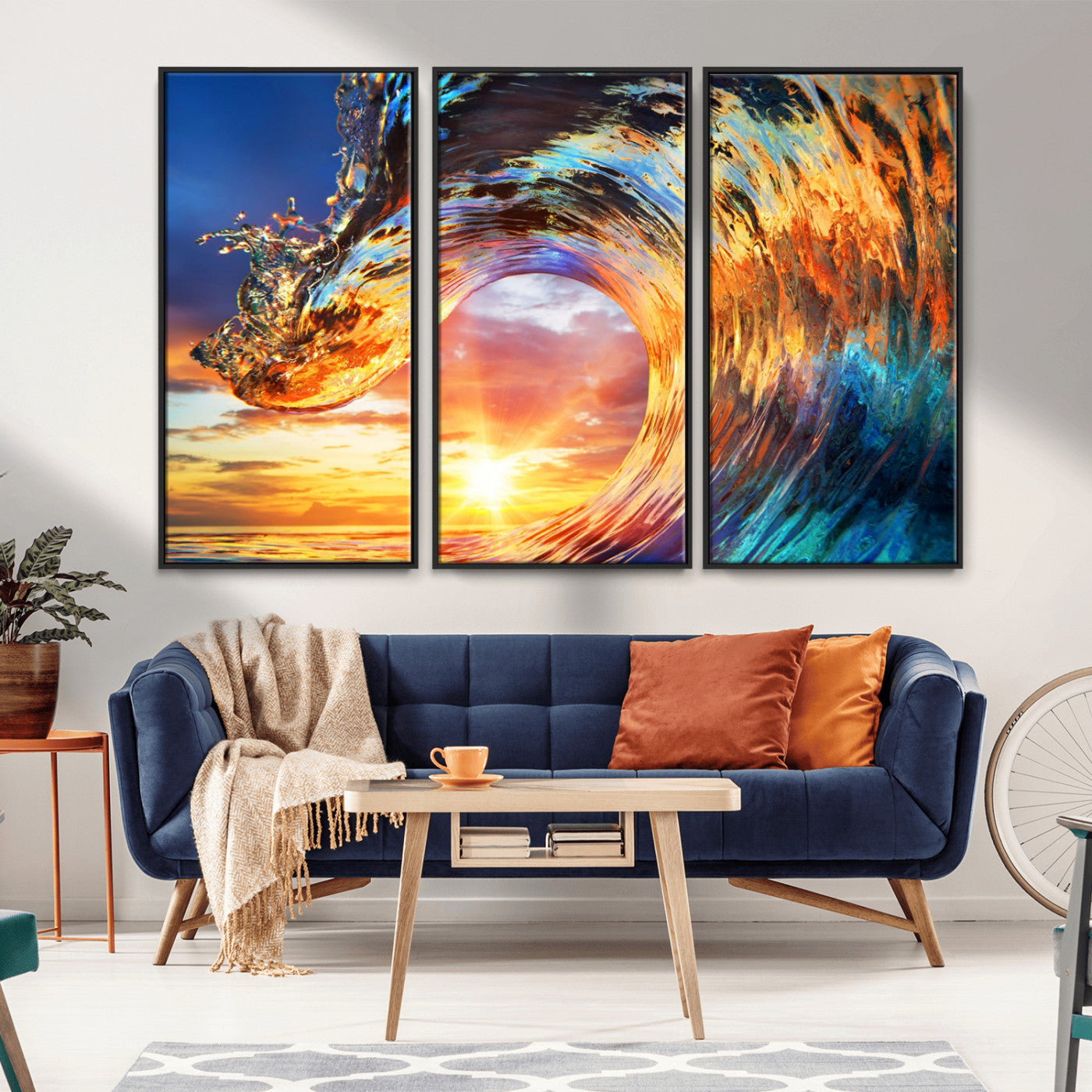 52890-MGV-FC-48X32-3P_Black-Surfing Wave Wall Art Canvas Print, Framed Sunset Ocean Art Picture Print, Ocean Wave Perfect Nautical Decor Artwork
