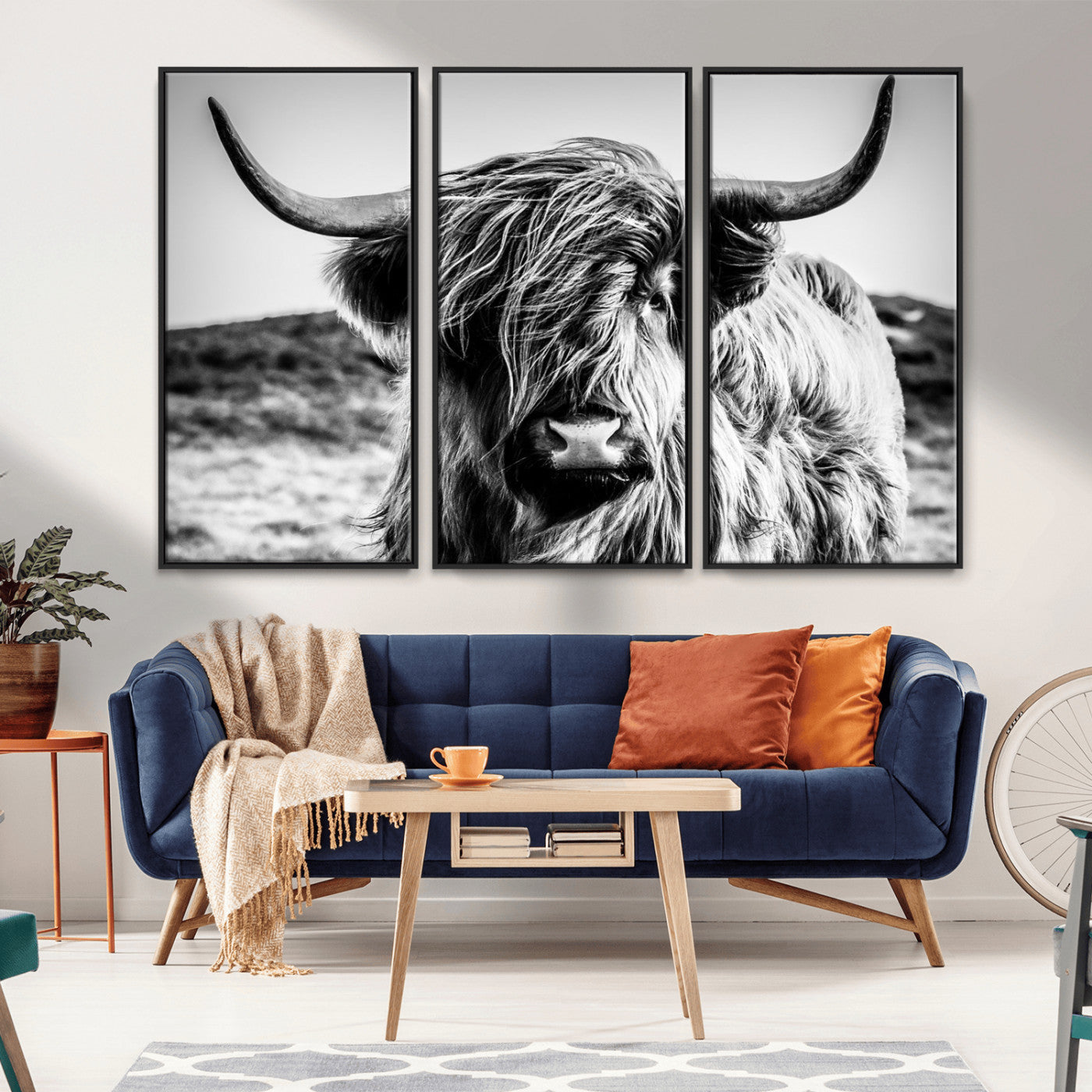 36979-MGV-CV-36X24-Striking black-and-white portrait of a Highland cow with flowing fur and majestic horns, perfect for rustic and elegant home or