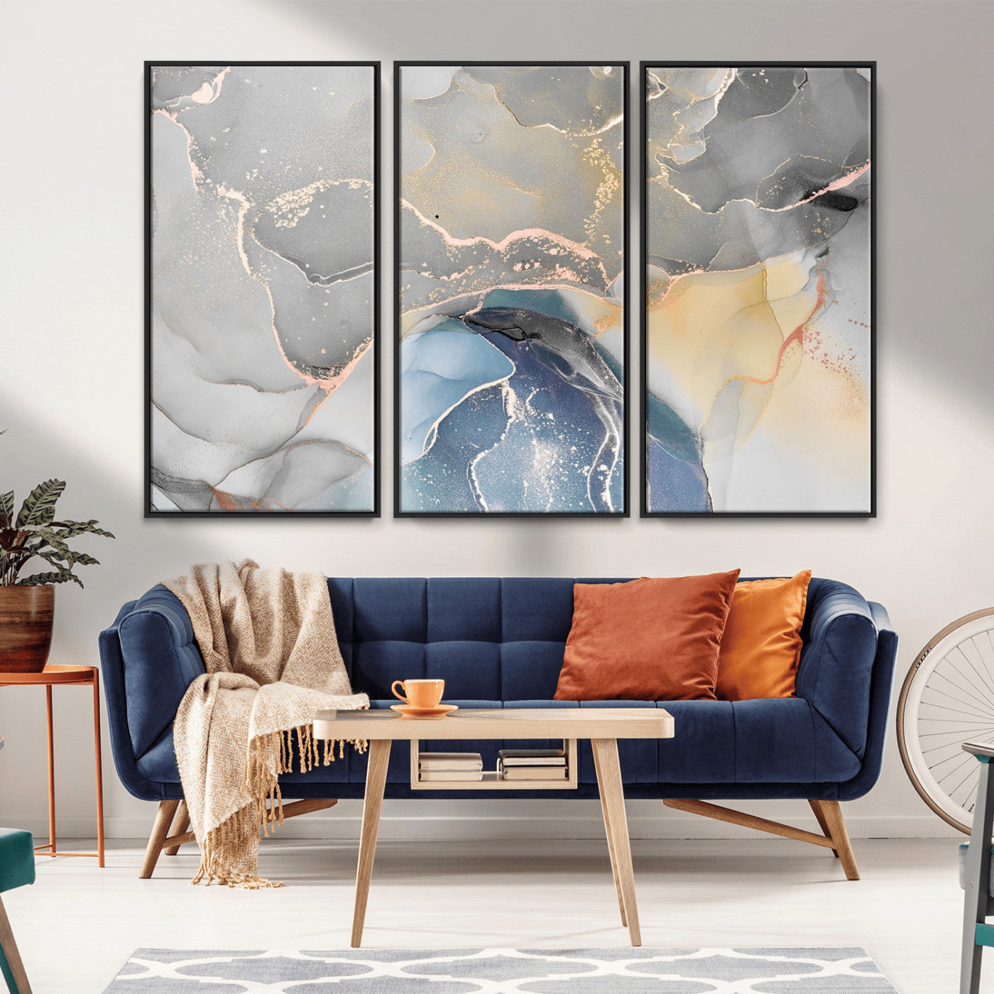 63211-MGV-FC-48X32-3P_Black-Abstract Fluid Art Wall Decor – Blue, Gray & Gold Canvas Print, Modern Home and Office Wall Art Decor for Living Room, Bedroom or