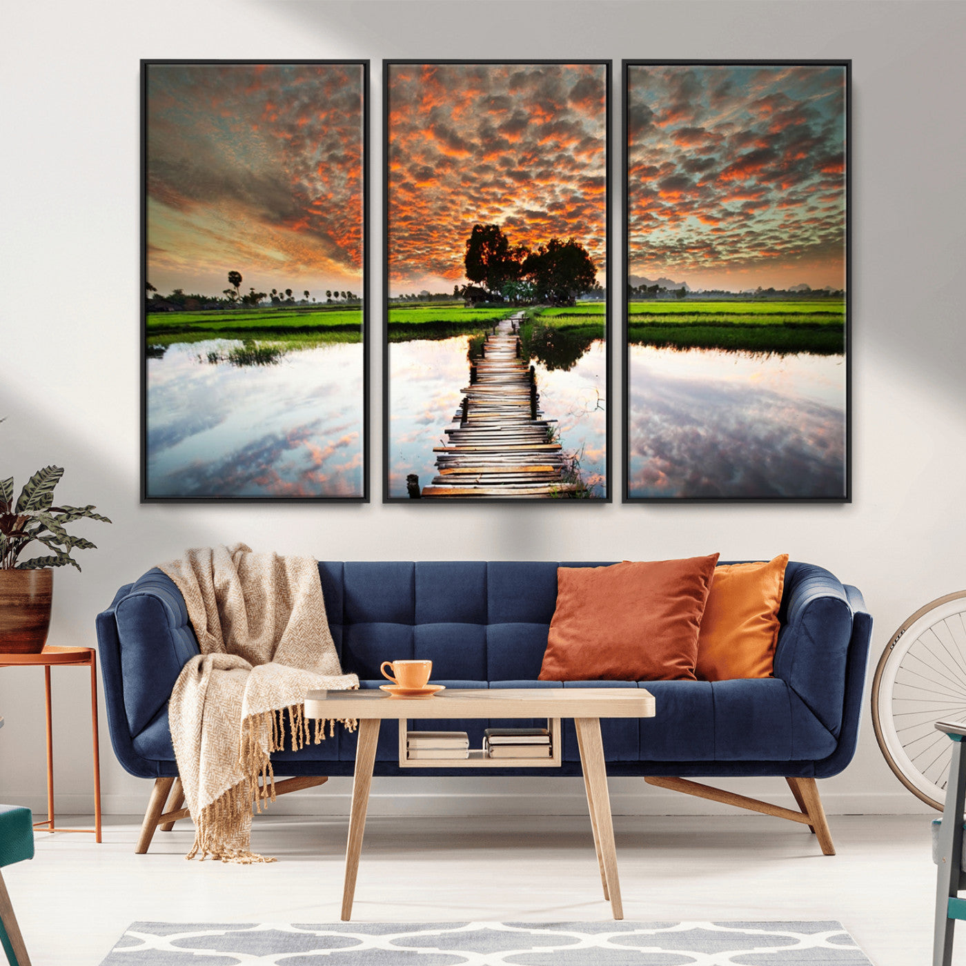 29105-MGV-FC-48X32-3P_Black-Rustic Wooden Bridge Wall Art – Scenic Sunset Over Rice Fields and Reflective Water Canvas Print, Nature Landscape Decor for