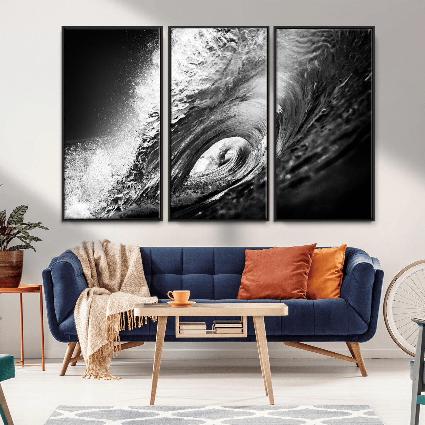 22702-MGV-FC-48X32-3P_Black-Black and White Ocean Wave Wall Art – Powerful Surf Curl Photography Canvas Print, Modern Coastal Decor for Living Room, Office or