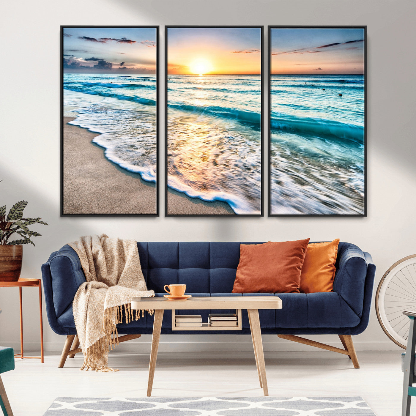 27815-MGV-FC-48X32-3P_Black-Ocean Sunrise Beach Wall Art – Serene Coastal Canvas Print with Waves and Golden Morning Light, Relaxing Seascape Decor for