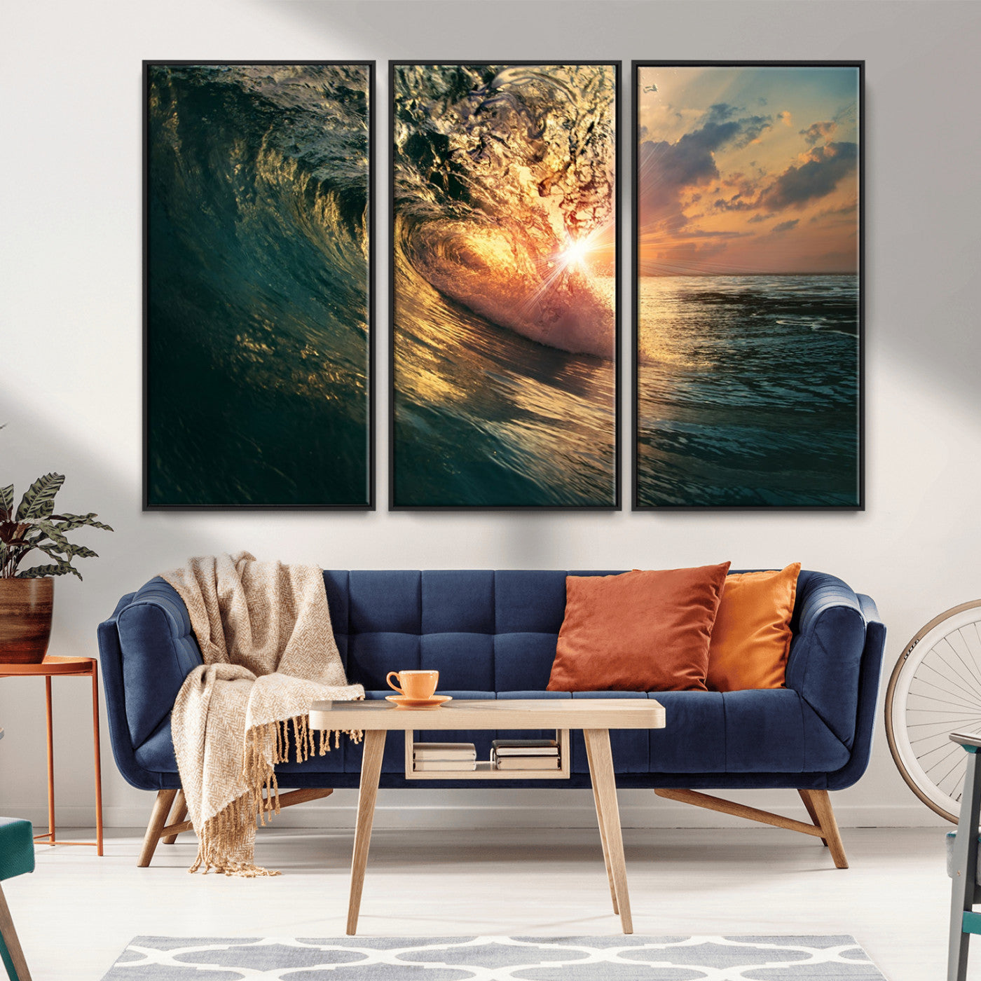 55359-MGV-FC-48X32-3P_Black-Radiant Ocean Wave Wall Art – Panoramic Surf Canvas Print, Vibrant Sunset Beach Decor for Home, Office or Man Cave