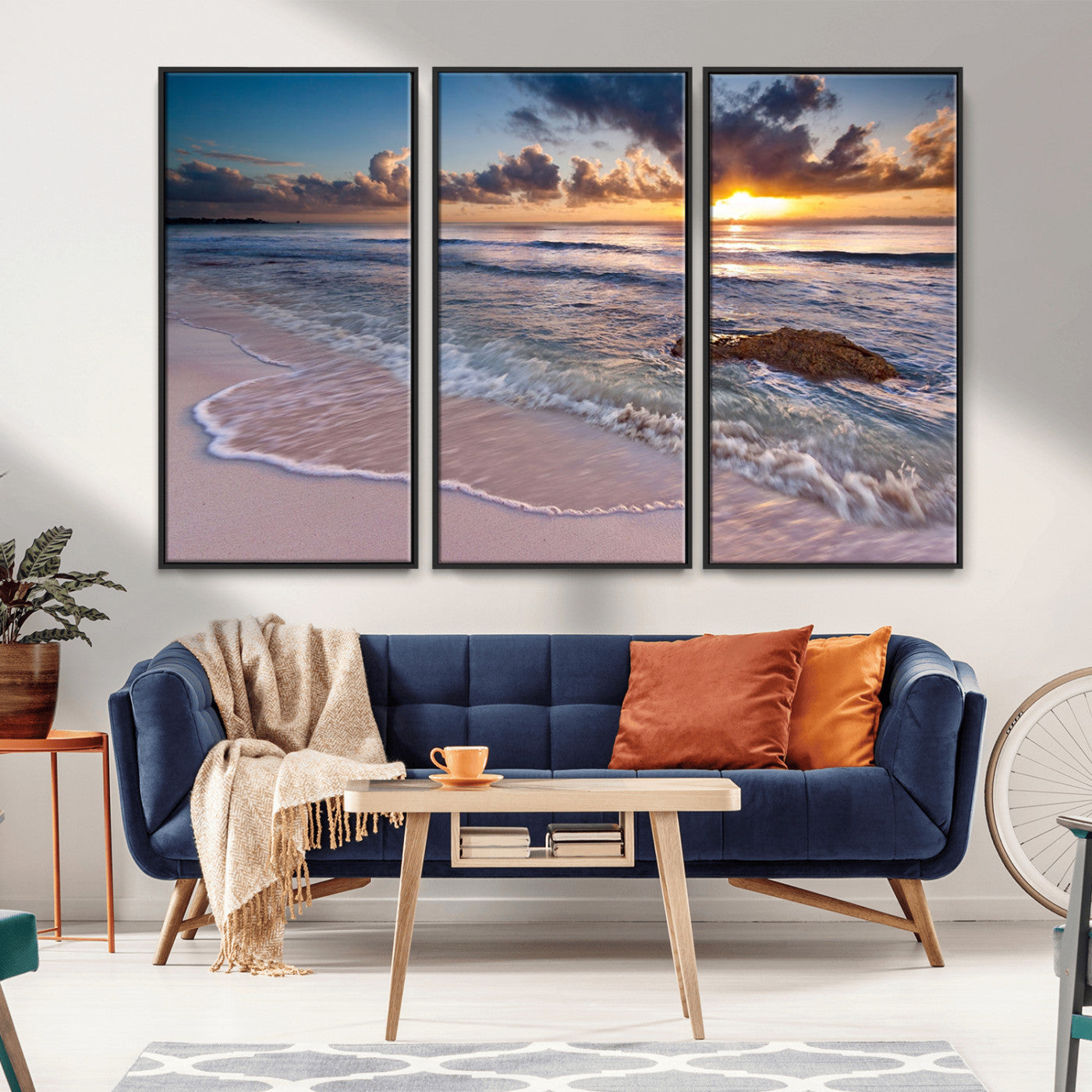 94906-MGV-FC-48X32-3P_Black-Sunrise Beach Wall Art – Panoramic Ocean Waves Canvas Print, Coastal Sunset Seascape Artwork for Living Room, Bedroom, or Office