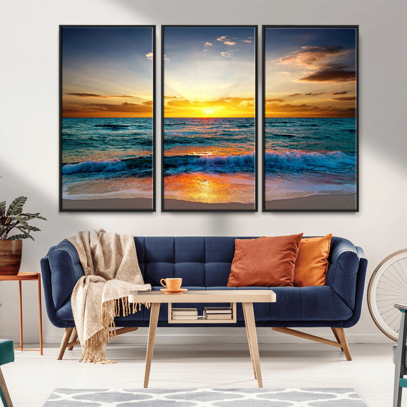 50627-MGV-FC-48X32-3P_Black-Ocean Sunset Wall Art – Serene Beach Canvas Print with Waves and Golden Sky, Coastal Decor for Living Room or Office