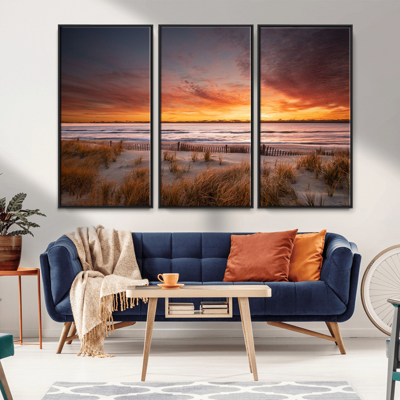 90176-MGV-FC-48X32-3P_Black-Beach Sunset Wall Art – Coastal Sand Dune Canvas Print with Ocean Waves and Dramatic Sky, Seaside Landscape Decor for Living Room