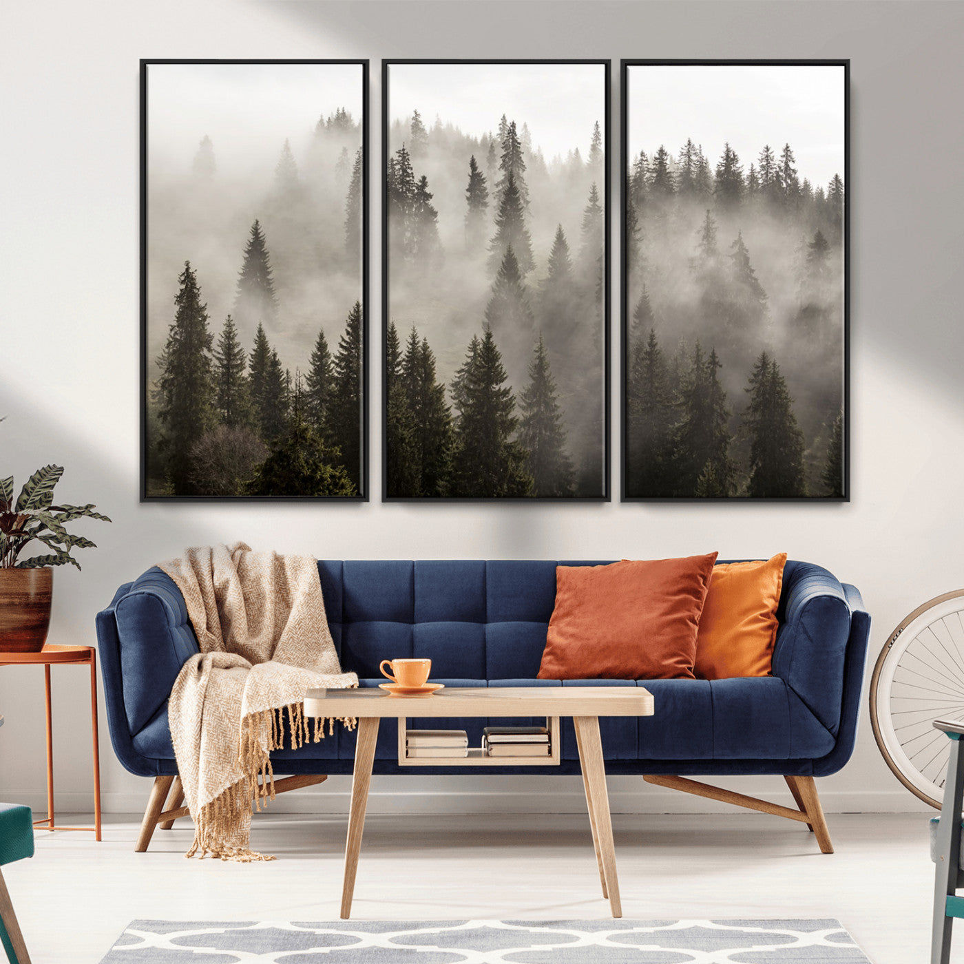 62862-MGV-FC-48X32-3P_Black-Misty Forest Wall Art – Tranquil Pine Tree Canvas Print with Mountain Fog, Nature Landscape Artwork for Living Room, Bedroom, or