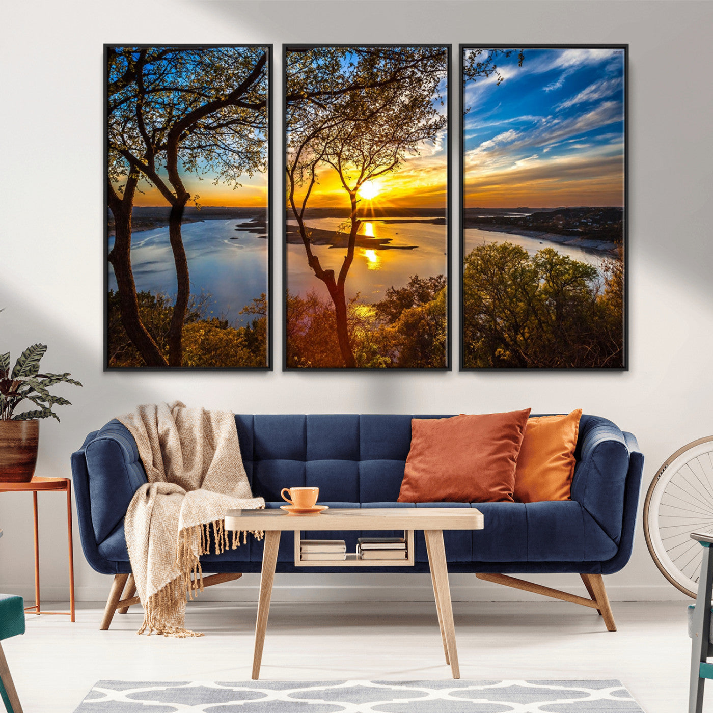 66839-MGV-FC-48X32-3P_Black-Lake Sunset Wall Art – Golden Hour Canvas Print with Trees and Water Reflection, Scenic Landscape Photography for Living Room,
