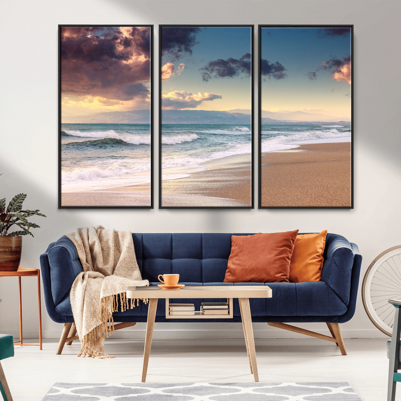 42253-MGV-FC-48X32-3P_Black-Serene Beach Waves Wall Art – Tranquil Ocean Horizon Canvas Print, Coastal Seascape Decor for Living Room or Office Wall