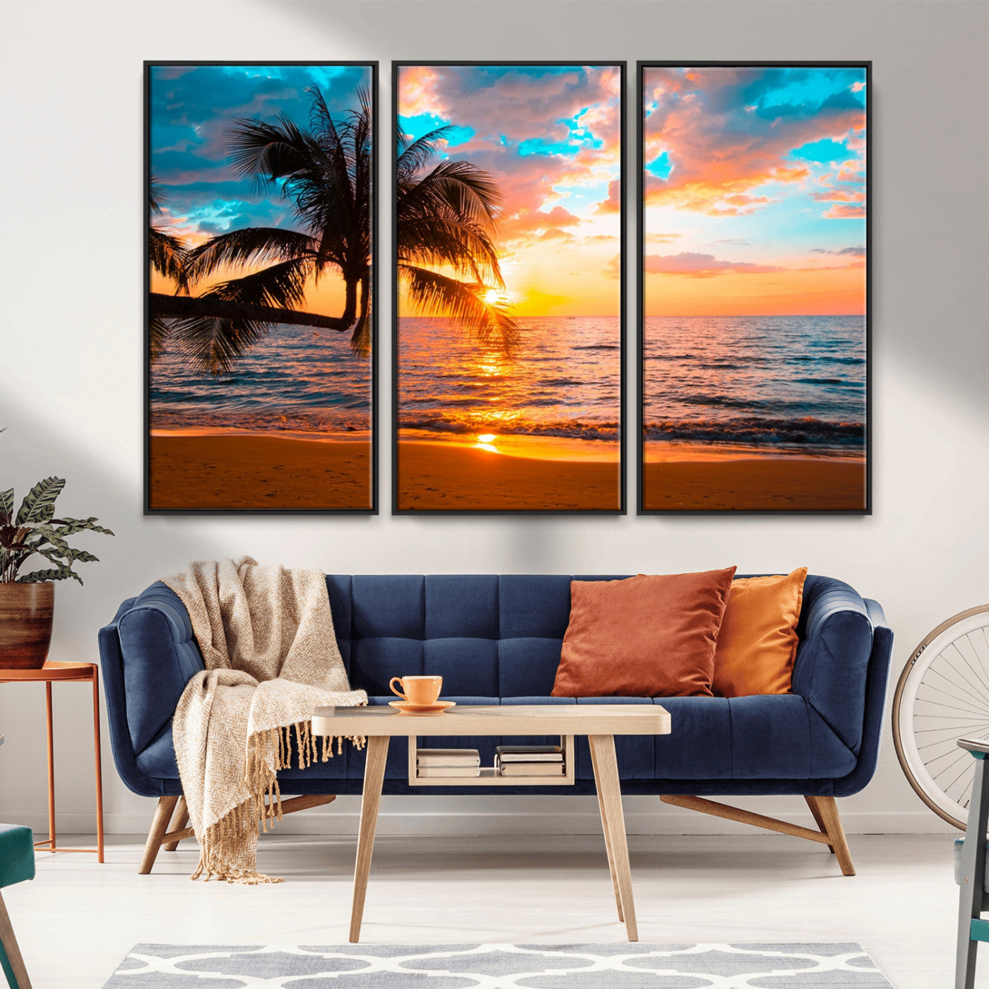 34674-MGV-FC-48X32-3P_Black-Tropical Sunset Beach Wall Art – Palm Tree Ocean Canvas Print, Coastal Seascape Decor for Living Room or Office Wall