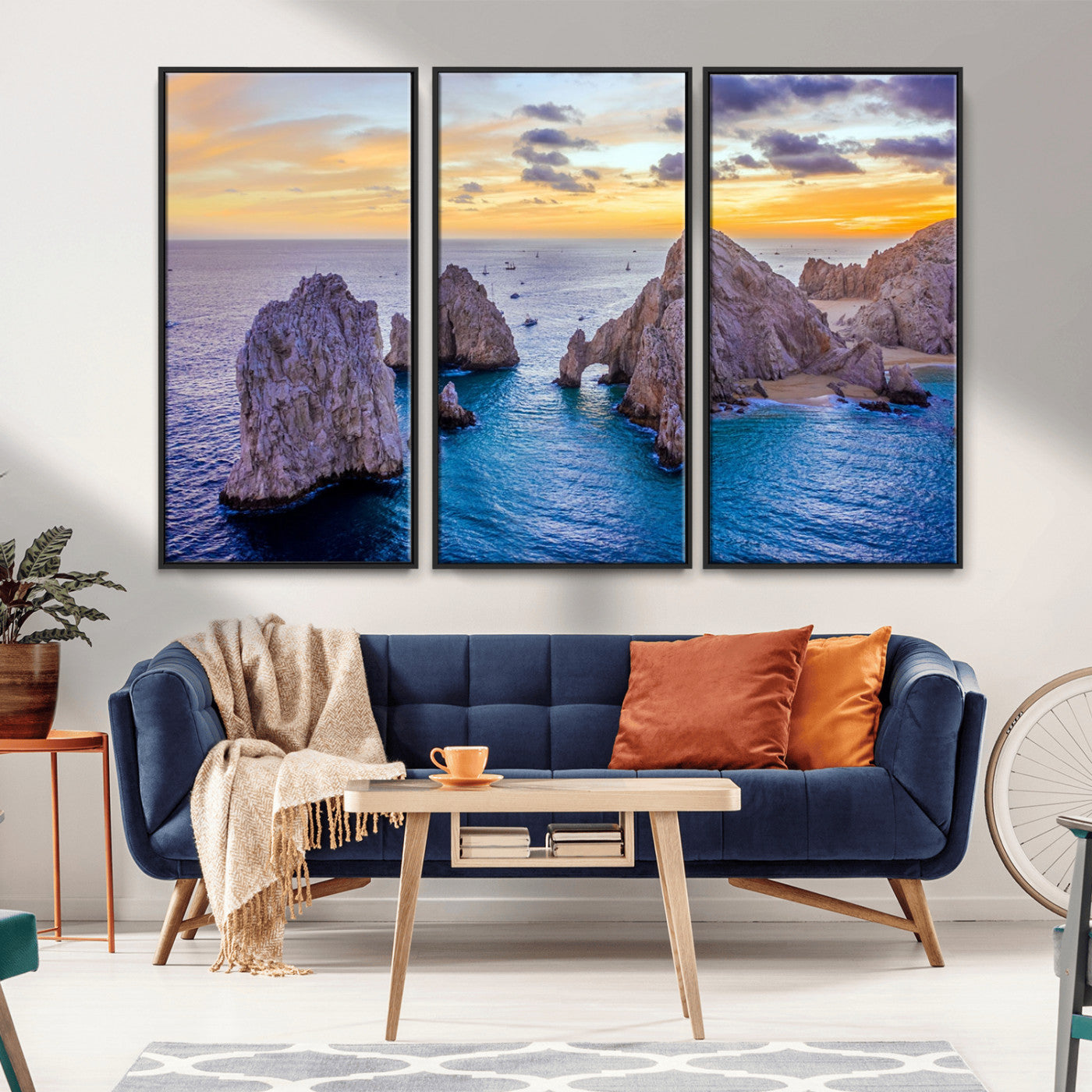 72955-MGV-FC-48X32-3P_Black-Ocean Rock Formation Wall Art – Sunset Coastal Seascape Print, Beach Landscape Decor for Living Room or Office